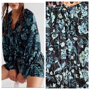 New Free People floral Romper Shorts button front backless green blue S